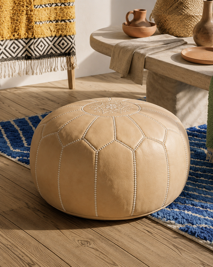 Pouf Marocain en Cuir – Beige Sable Mat