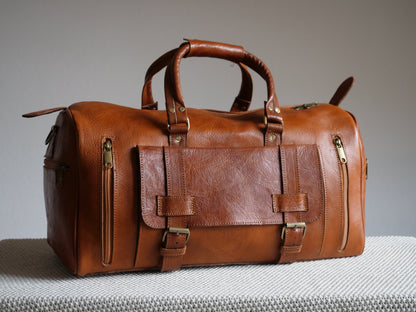 Atlas-Sac de Voyage en Cuire Authentique Marron cognac