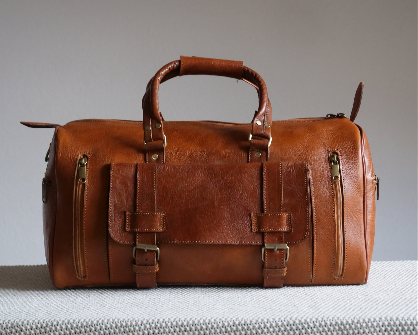 Atlas-Sac de Voyage en Cuire Authentique Marron cognac