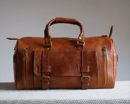 Atlas-Sac de Voyage en Cuire Authentique Marron cognac