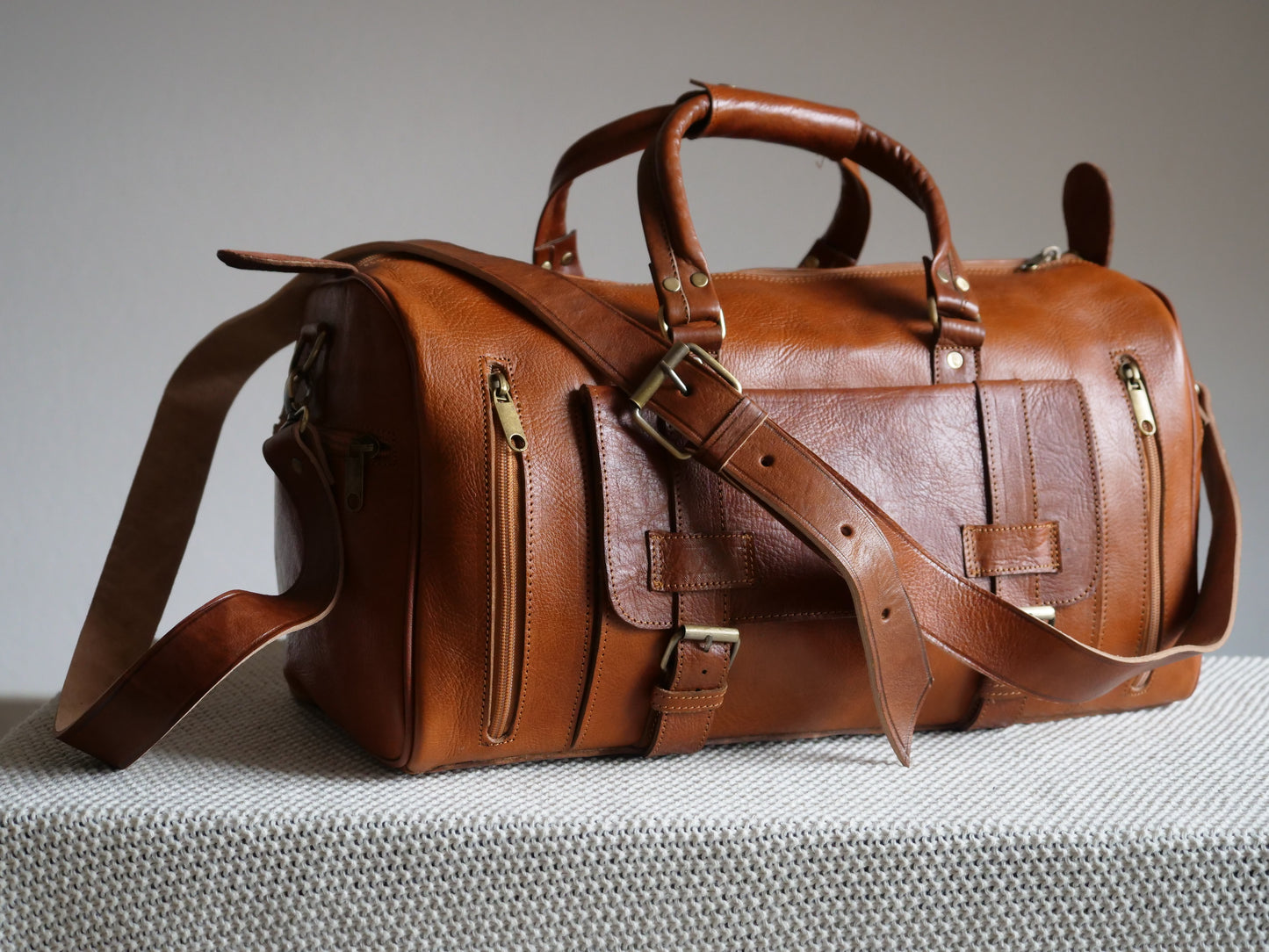 Atlas-Sac de Voyage en Cuire Authentique Marron cognac