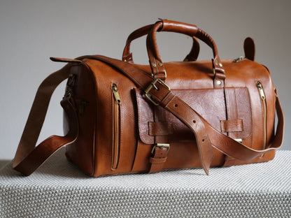 Atlas-Sac de Voyage en Cuire Authentique Marron cognac