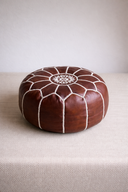 Petit Pouf Marocain en Cuir Brun Foncé
